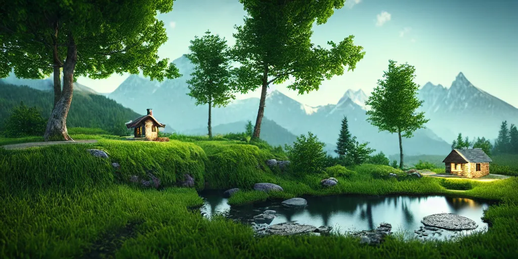 Image similar to a beautiful fantasy landscape, mountain in background, little cottage, small pond, some trees in the corner. hyper realism, octane render