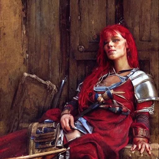 Image similar to a medieval guard woman, relaxing after a fight, candid and worn out, fantasy character portrait by gaston bussiere, craig mullins