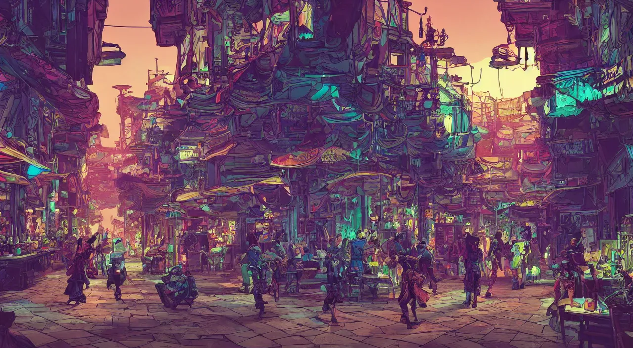 Image similar to bazaar zouk oriantal full color sky shine place mosquet painting stylized digital illustration video game icon global illumination ray tracing that looks like it is from borderlands and by feng zhu and loish and laurie greasley, victo ngai, andreas rocha, john harris