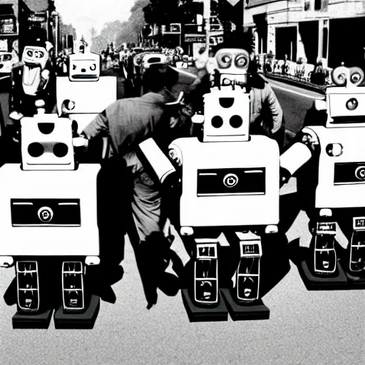 Image similar to in the style of 1960s, A scary robot is chasing after a bunch of scared adults with fully detailed faces, down the street, fully detailed , faces in focus