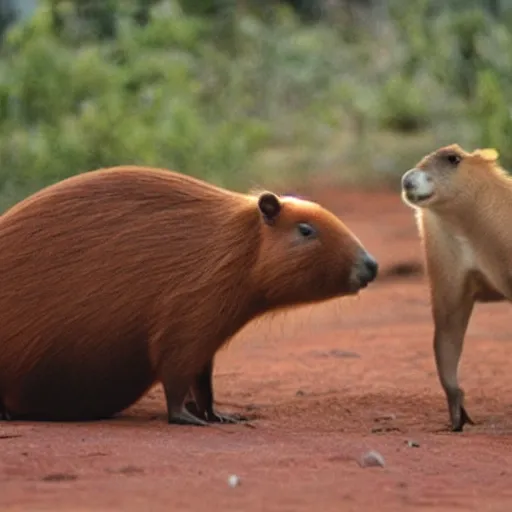 Image similar to a capybara in mars talking to a man