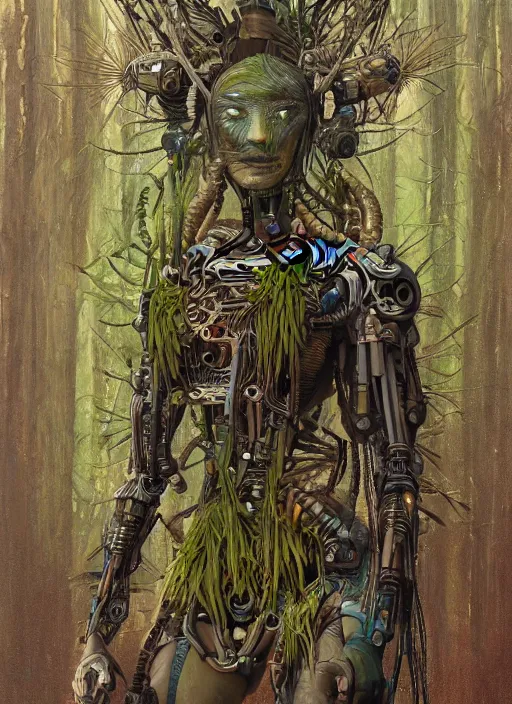 Image similar to hyper - detailed fine painting of a synthetic humanoid hybrid cyborg shaman half cybernetic and half made of plants and wood, concept art magical highlight