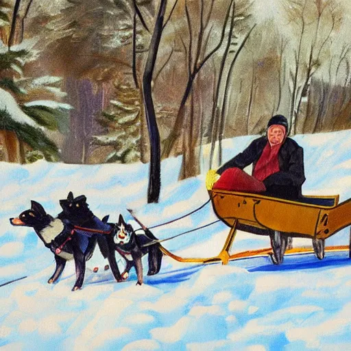 Image similar to Painting of a sled with a man on it being towed by huskies in the style of Ted Harrison, 8K