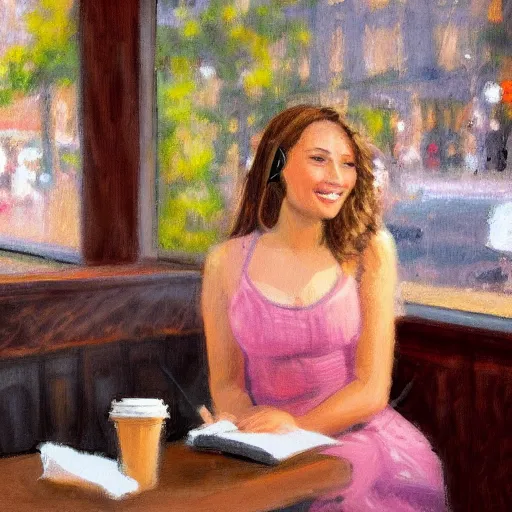 Prompt: a young woman smiling while listening to music in a coffee shop, impressionist style, 4 k,