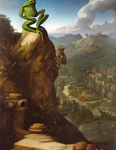 Image similar to a Happy frog by Ansel Adams and Bernardo Bellotto, oil on canvas, artstation, dramatic scenery, masterpiece, aesthetic