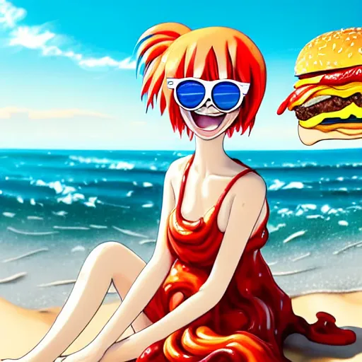Prompt: Extremely Detailed and Full Portrait scene of Gooey Ocean scene in ink and refined sand, Red head pigtail anime woman with Red gooeys sauce on her face and shades. Wearing a sundress soaked with cheese and red sauce full body smiling while eating a sloppy cheese burger. The cheeseburger is leaking red sauce all over the place by Akihito Yoshitomi AND Yoji Shinkawa AND Greg Rutkowski, Mark Arian trending on artstation