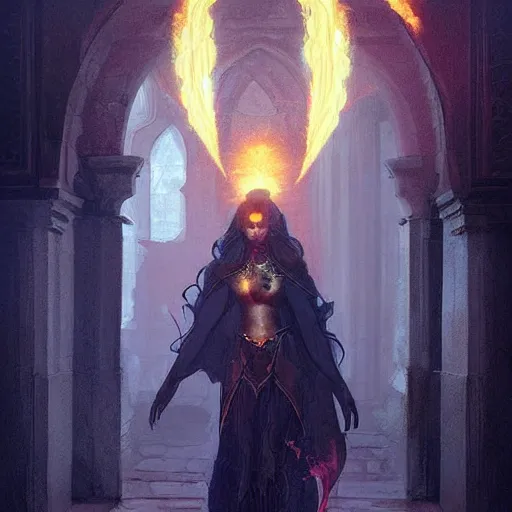 Image similar to A female tiefling, stepping through a flaming magical portal from another dimension into a palace courtyard, dramatic lighting, fantasy art by Greg Rutkowski