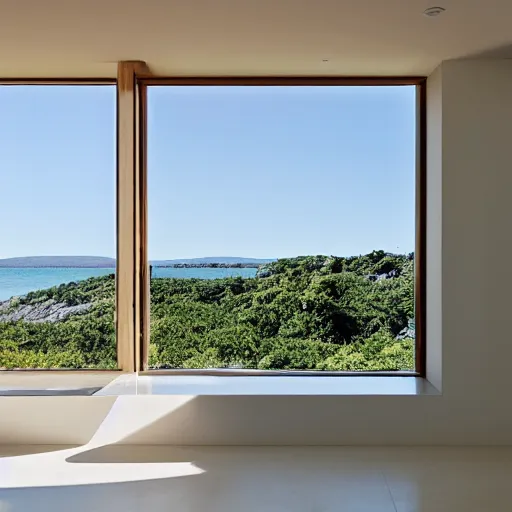 Prompt: modern minimalist zen window sill overlooking the pale blue sea