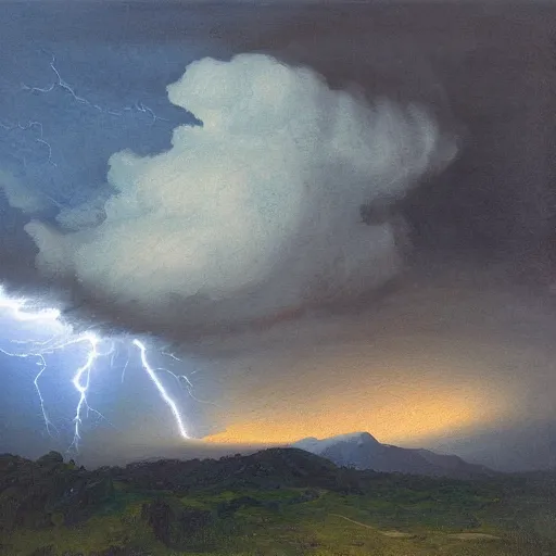 Image similar to “painting, mountain top in a storm being struck by lightning”