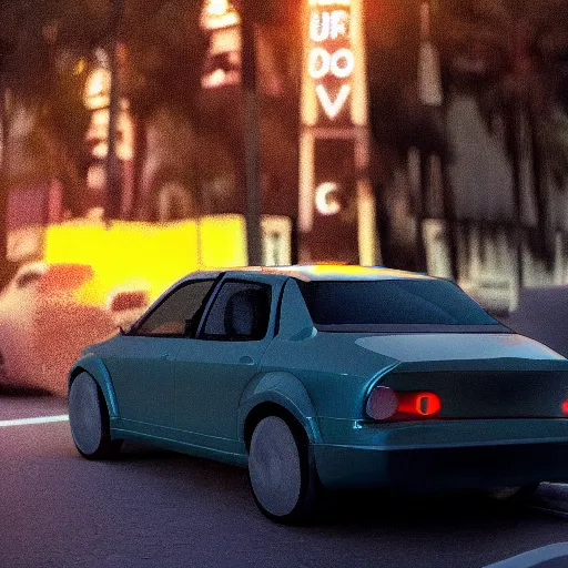 Image similar to a photorealistic image of bichon frise riding in the back on an uber through Hollywood at dusk. This 4K HD image is Trending on Artstation, featured on Behance, well-rendered, extra crisp, features intricate detail and the style of Unreal Engine.