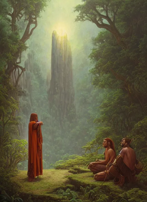 Prompt: ancestors protecting a shaman praying in the jungle, old faces in the clouds, art by christophe vacher