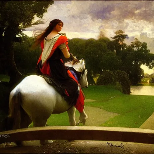 Image similar to Girl riding a horse leaving the castle through the bridge, thunderstorm, french garden on the background major arcana sky, by paul delaroche, alphonse mucha and arnold böcklin arnold böcklin hyperrealistic 8k, very detailed