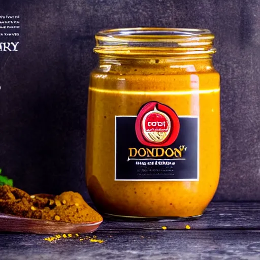 Prompt: Jar of Don Johnson's curry sauce, professional lighting, marketing photo advert, 8k