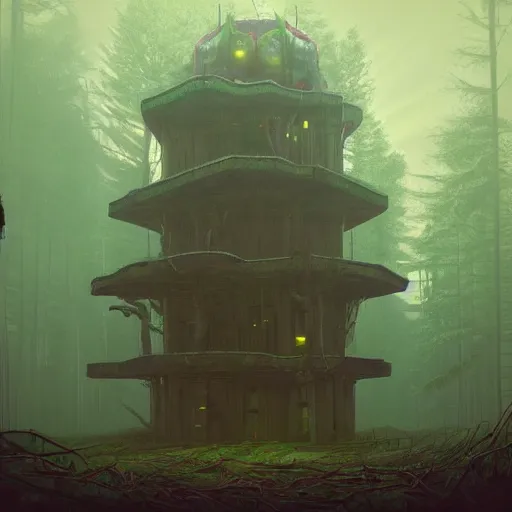 Image similar to “inside the Forest Temple from LOZ: OOT hyperrealism in the style of Simon Stålenhag. Trending on artstation”