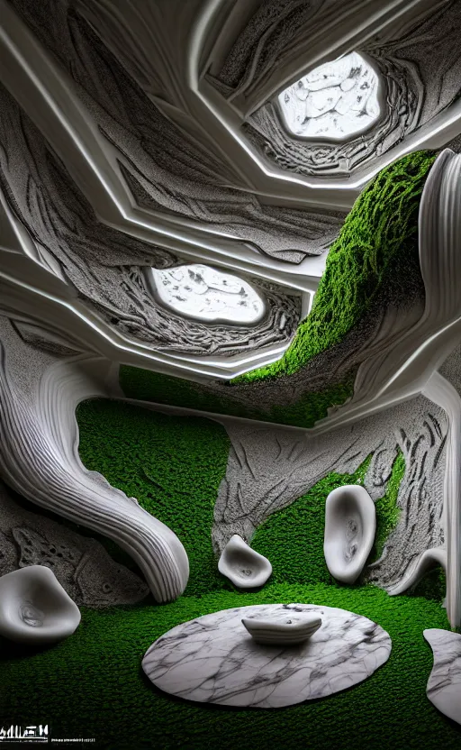 Image similar to highly detailed ultra sharp 3 d render villa interior cinematic composition of a smooth ceramic porcelain biomorphic magnolia stone nebula fluid fractal sci - fi surreal architecture landscape, granite, metallic, magnesium, marble, moss and lichen, vincent callebaut composition, mamou - mani, archviz, beautiful lighting, 8 k, unreal engine, hdr,