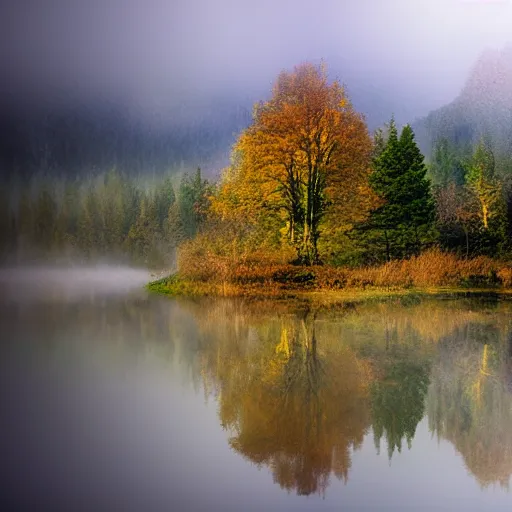 Prompt: soft focus landscape watercolour, water, trees, mountains, sun, atmospheric, environment, reflections, tonal, misty