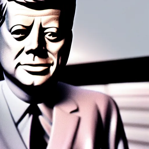 Prompt: jfk with robotic metallic skin and glowing red eyes, realistic photography high detail