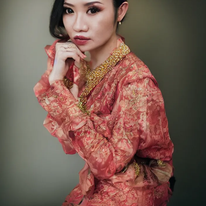 Prompt: portrait of Dinar Candy wearing Kebaya, by Charlotte Grimm, natural light, detailed face, CANON Eos C300, ƒ1.8, 35mm, 8K, medium-format print