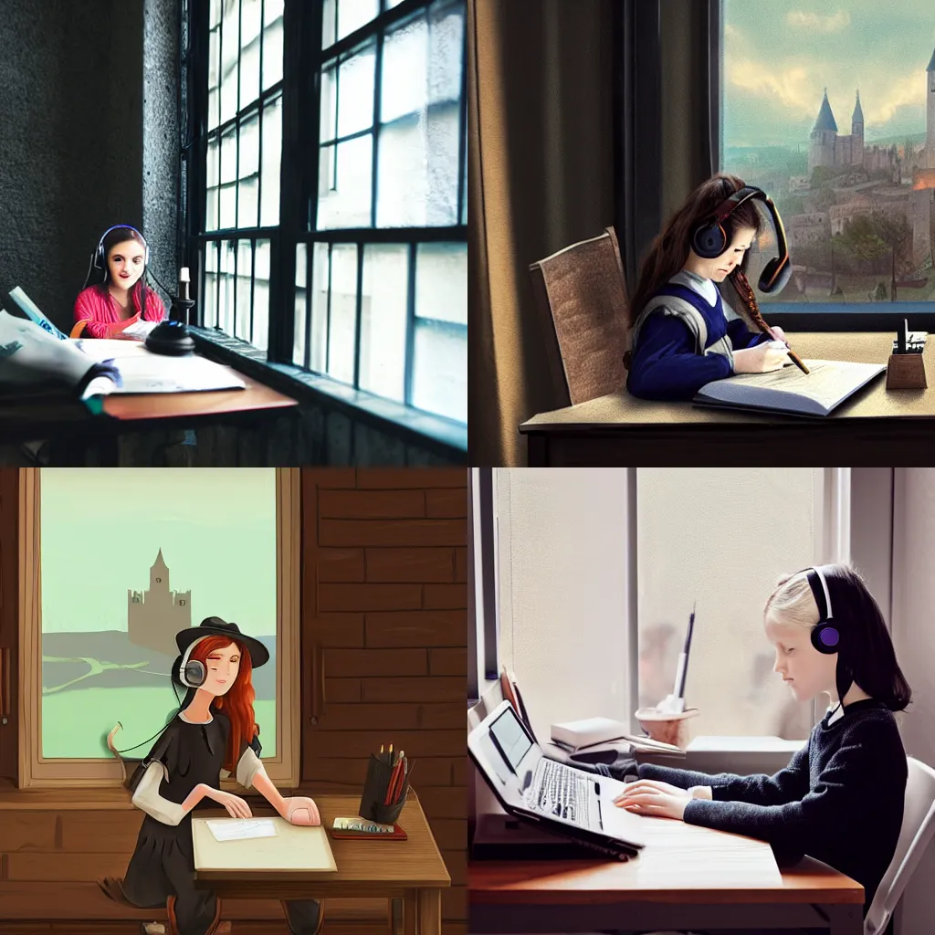 Prompt: young witch with headphones doing homework at a desk next to a window with a medieval city outside