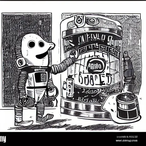 Prompt: an astronaut taking a photo of a beer keg. astronaut using a vintage camera. detailed cartoon