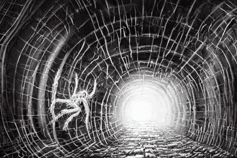 Image similar to a close - up view of a monstrous tarantula in a dark foreboding tunnel, with cobwebs, in the style of joe jusko, dramatic lighting, atmospheric, low angle, wide angle, very realistic, concept art, highly detailed digital painting, trending on artstation