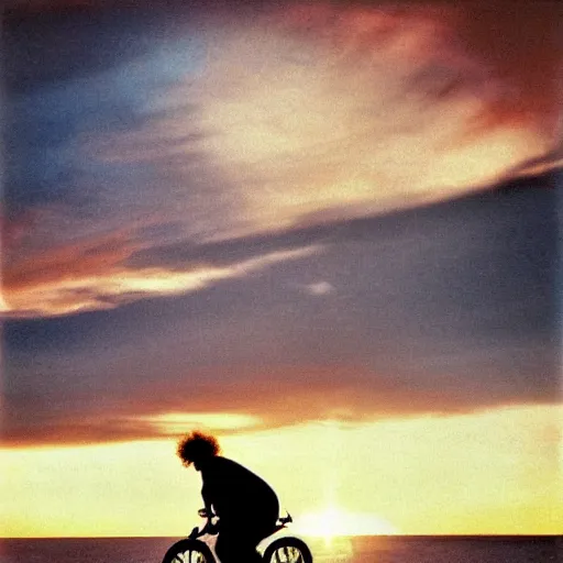 Image similar to bob dylan riding a unicycle over the ocean into the sunset, gorgeous photograph, very detailed, emotional