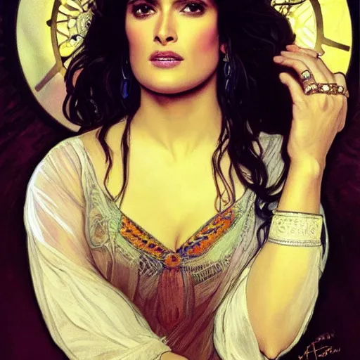 Prompt: salma hayek portrait by alfons mucha, playful, fantasy, medieval, beautiful face, perfect detailed eyes, vivid colrs, elegant, concept art, sharp focus, digital art, hyper - realistic, 4 k, unreal engine, highly detailed, hd, dramatic lighting by brom, trending on artstation, holy halo