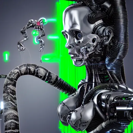 Image similar to the upper torso of a terminator cyborg lady with borg implants, human face and robotic snakes coming out of her head is hanging from cables and wires off the ceiling of a lab. Her bottom half is missing with cables hanging out. She is taking a sip from a cup of coffee. Tiny green led lights in her cybernetics. very detailed 8k. Horror cyberpunk style.