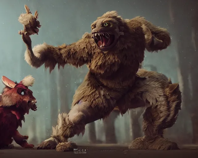 Image similar to gerald of rivia fighting with fursuit cosplayers, cinematic, concept art, wlop, beeple, highly detailed, face, hands, unreal engine, octane render