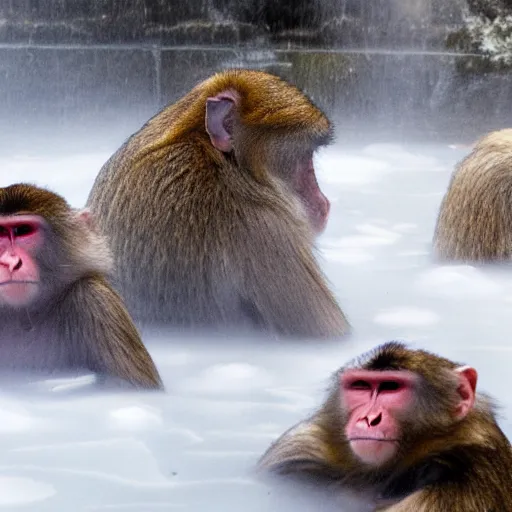 Prompt: a group of Japanese macaques in a snowy hot spring, oranges floating in the water, early morning