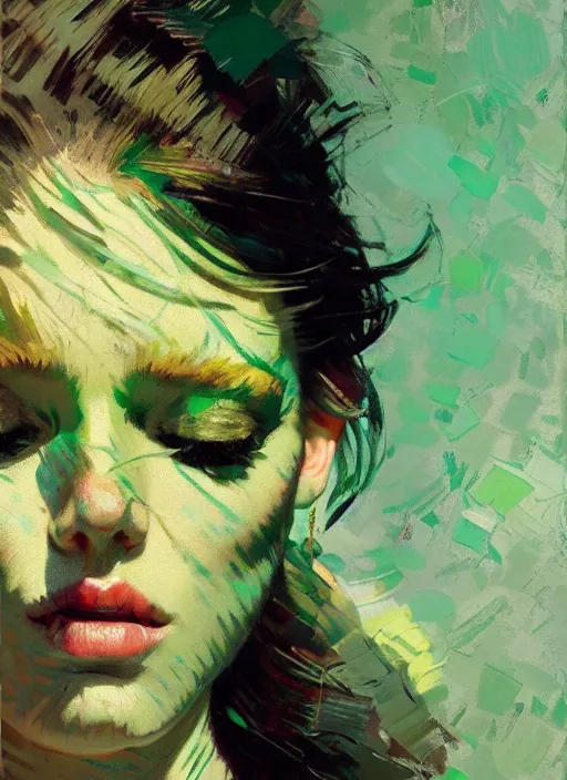 Prompt: portrait of a beautiful girl, eyes closed, open mouth, shades of green, beautiful face, rule of thirds, intricate outfit, spotlight, by greg rutkowski, by jeremy mann, by francoise nielly, by van gogh, digital painting