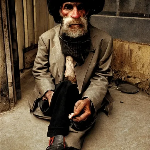 Image similar to homeless millionaire, in expensive clothes and with a cigar, by Steve McCurry, clean, detailed, award winning