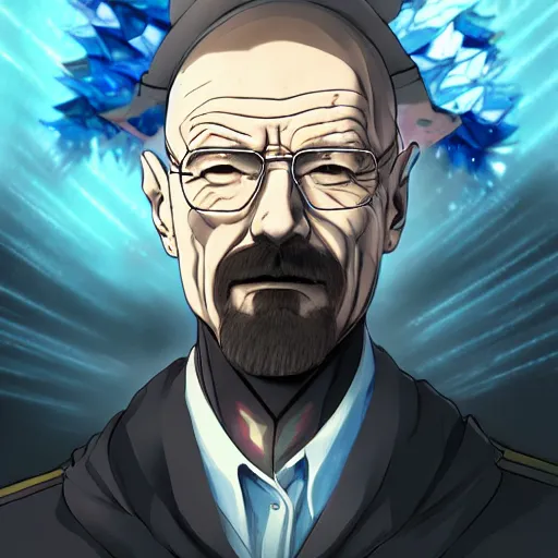 Image similar to portrait of walter white the overlord of the blue ice winter, anime fantasy illustration by tomoyuki yamasaki, kyoto studio, madhouse, ufotable, comixwave films, trending on artstation