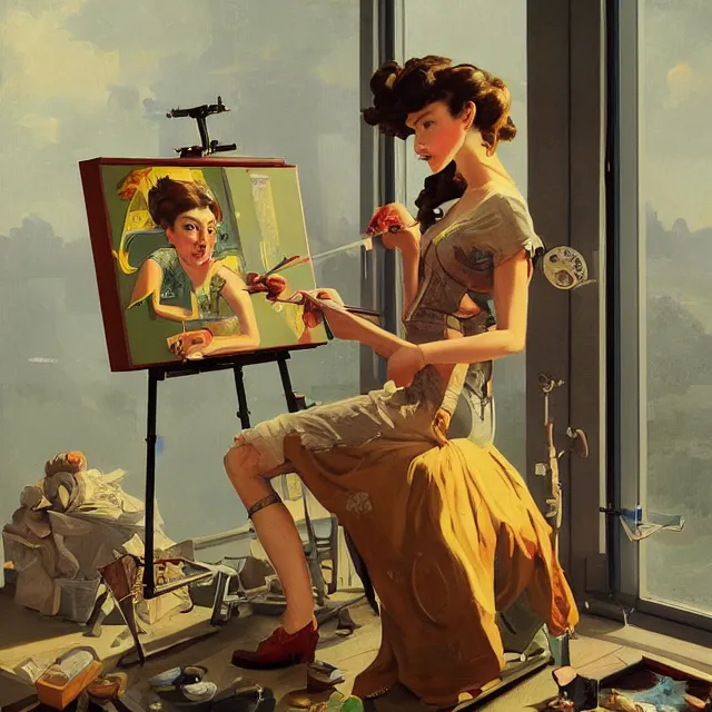 Image similar to robot artist painting a self - portrait on a canvas. intricate, highly detailed, digital matte painting, in the style of alexandros pyromallis, and in the style of sachin teng, and in the style of hans thoma, and in the style of gil elvgren. irony, recursion, inspiration, art deco.