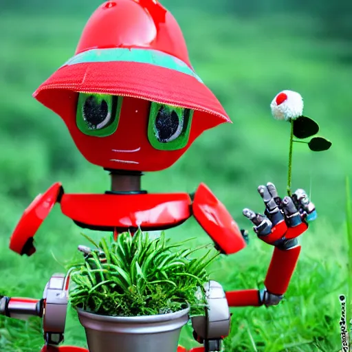 Image similar to cute robot made of plants wearing tomato hat and a chive sword, shoujo shuumatsu ryoku style