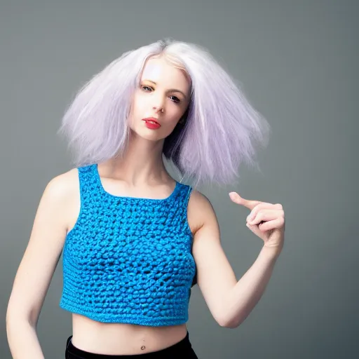 Prompt: photo of a caucasian female model with blue hair wearing a crocheted croptop