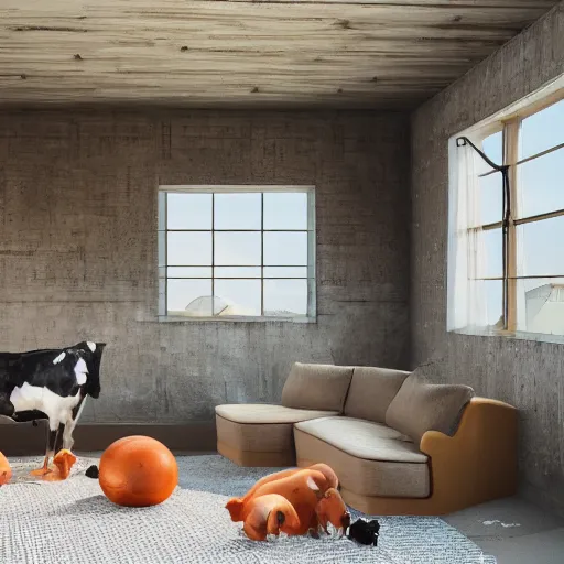 Image similar to interior view of modern futuristic farm barn architecture, cows laying down on sofas and pigs and chickens sitting in lounge chairs, modern interior design, throw pillows, areas rugs, feed troughs, hay, detailed luminescent oil painting 4 k