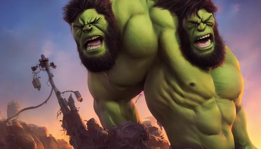 Prompt: Hulk with long hair and long beard, hyperdetailed, artstation, cgsociety, 8k