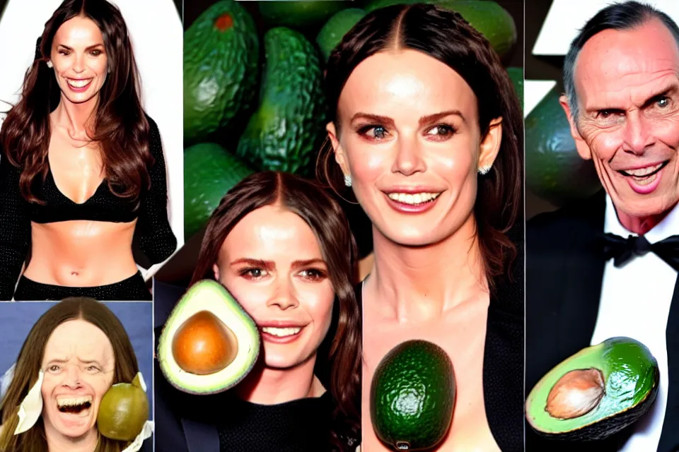 Image similar to bizarre celebrities on the red carpet rolling around in avocados