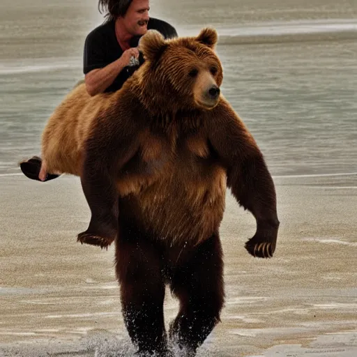 Image similar to jim carrey riding a bear on the beach