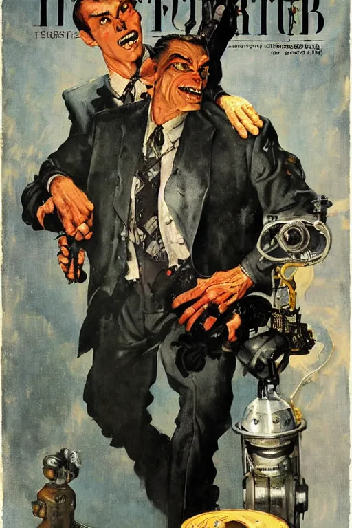 Image similar to 5 0 s pulp scifi fantasy illustration full body portrait werewolf in tuxdeo, by norman rockwell, roberto ferri, daniel gerhartz, edd cartier, jack kirby, howard v brown, ruan jia, tom lovell, frank r paul, jacob collins, dean cornwell, astounding stories, amazing, fantasy, other worlds