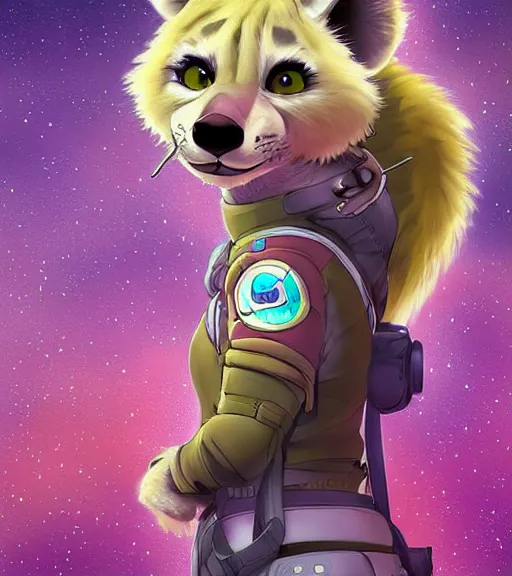 Prompt: digital artwork of furry female hyena, in style of zootopia, fursona, furry, furaffinity, deviantart, wearing astronaut outfit, floating in space, space background, cyberpunk, detailed face, style of artgerm,