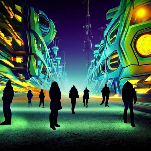 Prompt: photo of sci-fi citizens and vehicles, holographic trees, on the Moon, long shadows, in a Russian cyberpunk city called Neo Norilsk, pitch black sky with stunning bright stars, bright sun, high contrast, diverse outfits, lively, freaky, black sky full of stars, LEDs, holograms, blinding bright sun, sci-fi, cyberpunk outfits, photorealistic, grainy, 35mm, intricate, very very beautiful, elegant, smooth, cinematic, Unreal Engine 5, by Beeple