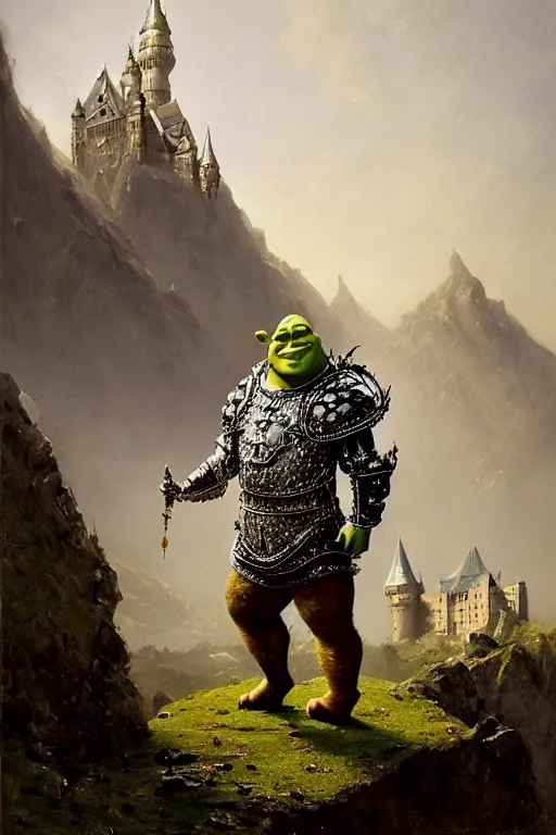 Image similar to full length portrait of shrek wearing ornate silver armour with gold accents covered in jewels, epic landscape with mountains and castle in background, dark and moody by carl spitzweg, ismail inceoglu, vdragan bibin, hans thoma, greg rutkowski, alexandros pyromallis, perfect face, fine details, realistic shaded