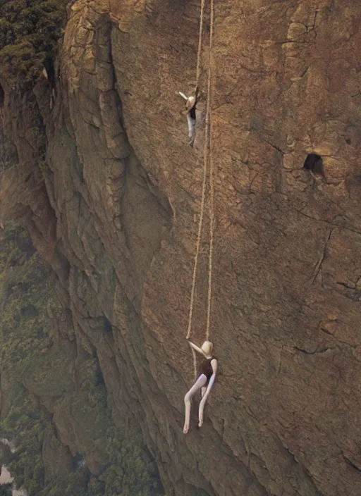 Image similar to action shot of Nicole Kidman hanging from a cliff face, Les Edwards, Zdzislaw Beksinski, Carl Gustav Carus, John Harris, Michal Karcz, Zhang Kechun, Mikko Lagerstedt, Scott Listfield, Steven Outram, Jessica Rossier