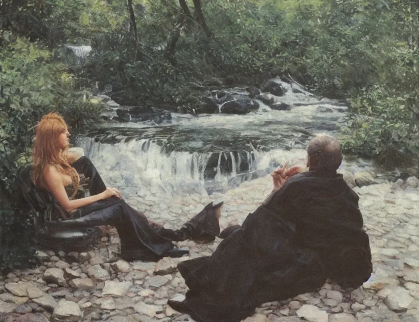 Image similar to steve hanks, serov valentin, lisa yuskavage, andrei tarkovsky, terrence malick, monk sits near waterfall, golden ratio, perfect symmetrical, polaroid, vintage, soft lights, foggy, oil on canvas