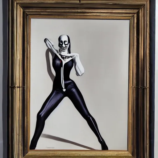 Prompt: portrait of a woman, wearing a skeleton catsuit, by alex ross and berthold woltze.