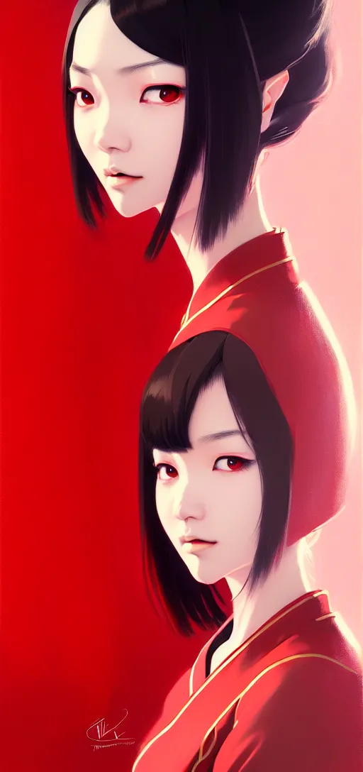 Image similar to a ultradetailed beautiful panting of a asian female wearing red ao dai and futuristic eye google, by ilya kuvshinov, greg rutkowski and makoto shinkai, trending on artstation