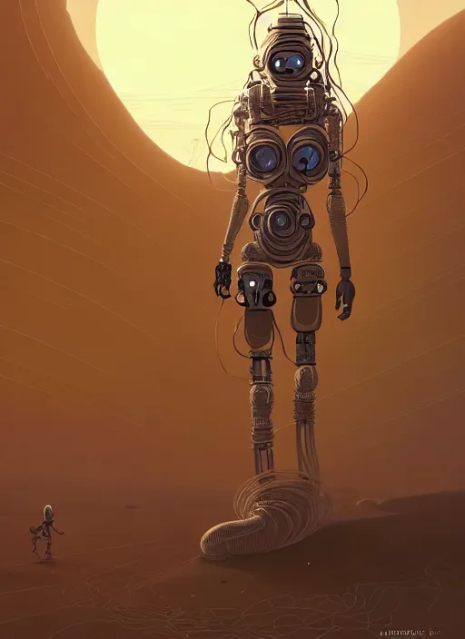 Prompt: highly detailed portrait of a robotic cyborg long curly white hair nomadic tribal lady, stray wiring, emerging from sand by atey ghailan, james gilleard, by joe fenton, by greg rutkowski, by greg tocchini, by kaethe butcher, 4 k resolution, gradient yellow, black and white color scheme!!! ( ( robotic sandstorm robotic pyramid landscape background ) )