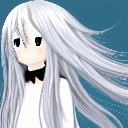 Image similar to young girl with long wavy light silver hair, with blackness instead of eyes, anime